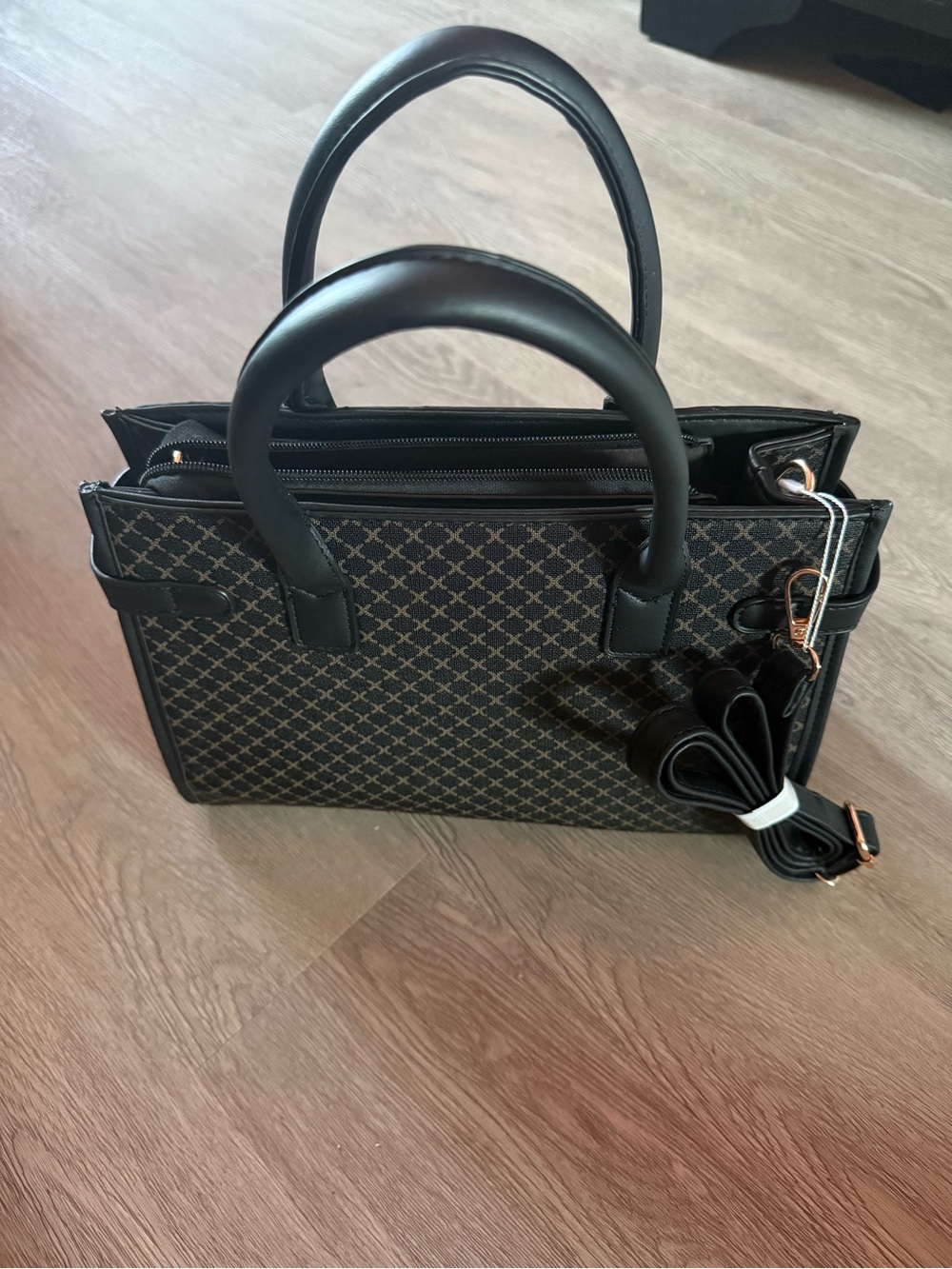 Classic Black Patterned Satchel with Detachable Strap